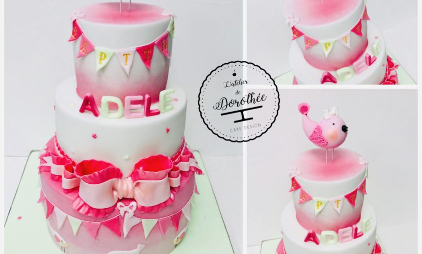 Gateau Bapteme Theme Oiseaux Rose Blanc Vert L Atelier De Dorothee
